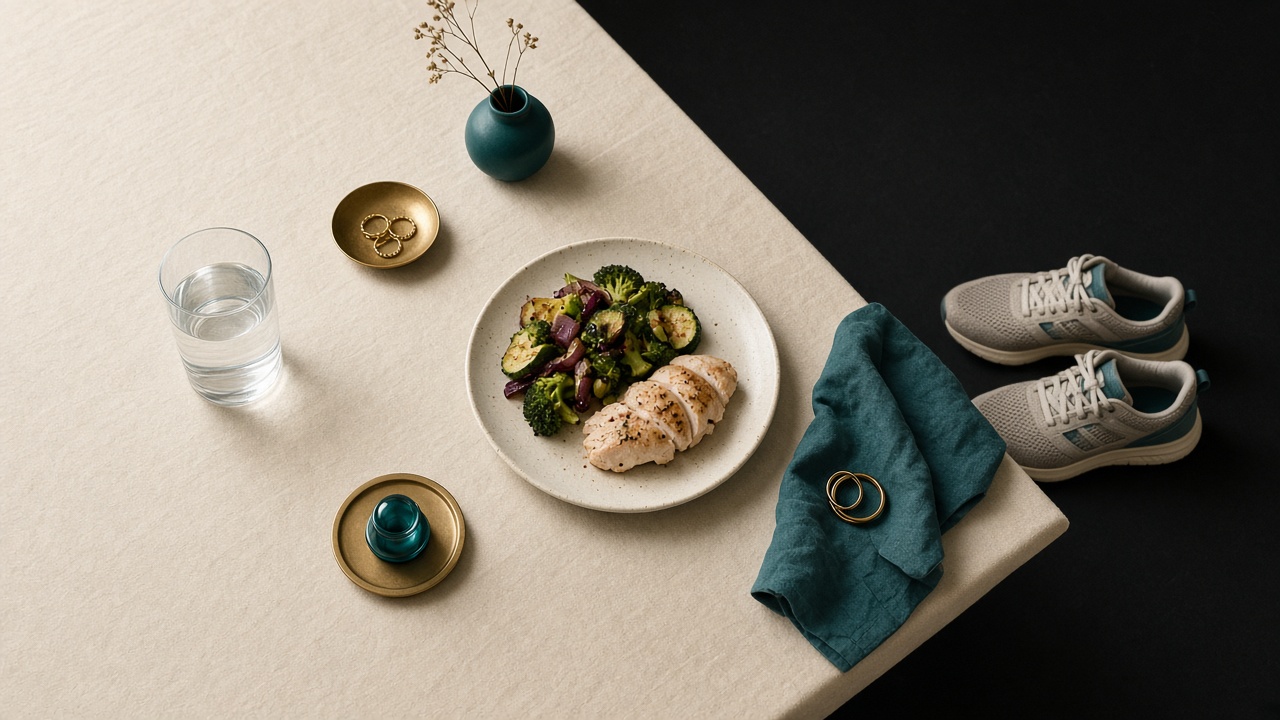 A glass of water, a plate of vegetables and chicken, and walking shoes on a dark floor.