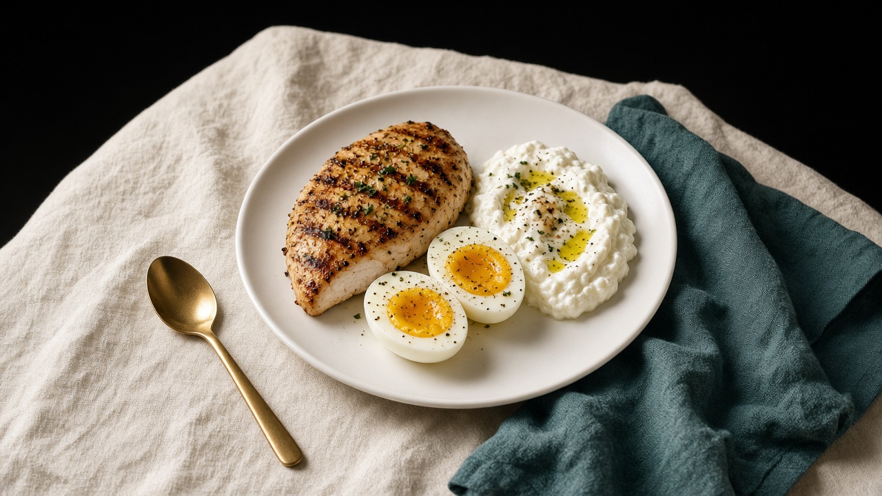 A plate of chicken, eggs, and yogurt on linen, with a gold spoon and a teal napkin.