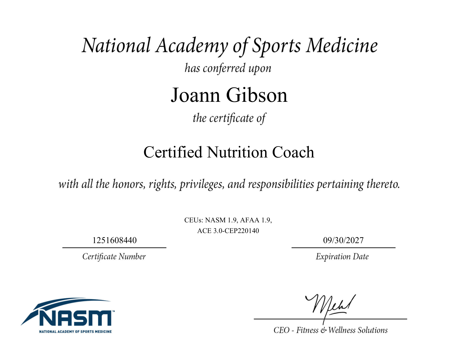 National Academy of Sports Medicine certificate awarded to JoAnn Gibson: Certified Nutrition Coach.