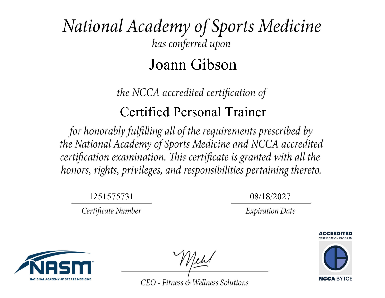 National Academy of Sports Medicine certificate awarded to JoAnn Gibson: Certified Personal Trainer.
