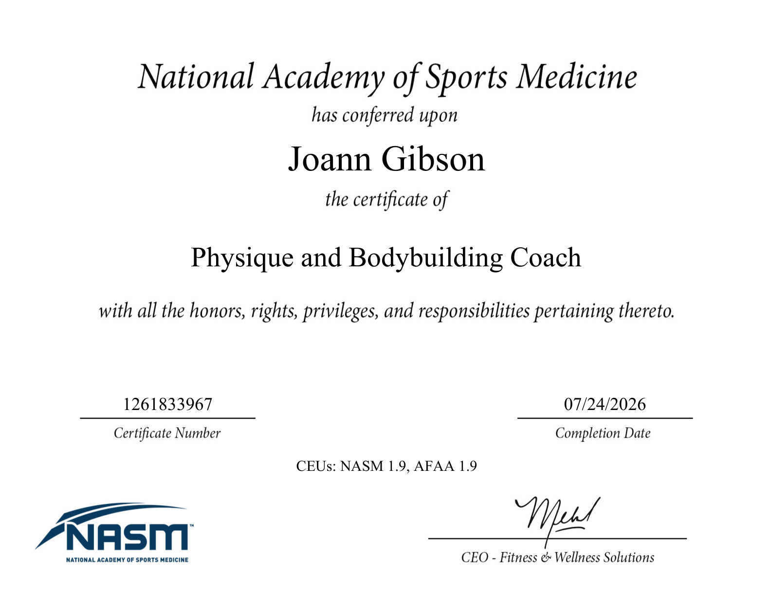 National Academy of Sports Medicine certificate awarded to JoAnn Gibson: Physique and Bodybuilding Coach.