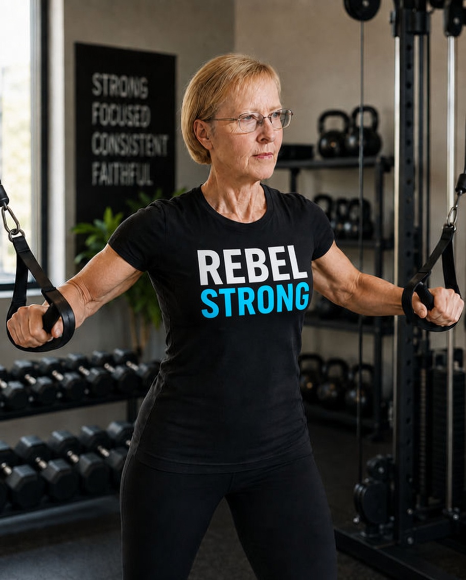 JoAnn in the gym wearing a black RebelStrong shirt with bold cyan lettering